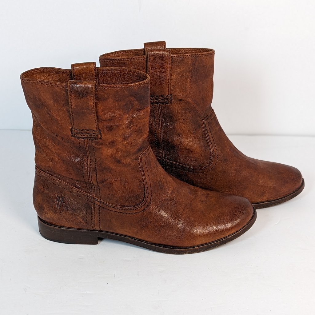 Frye Anna Shortie Genuine Leather Slouchy Pull On Distressed Brown Boot Size 7